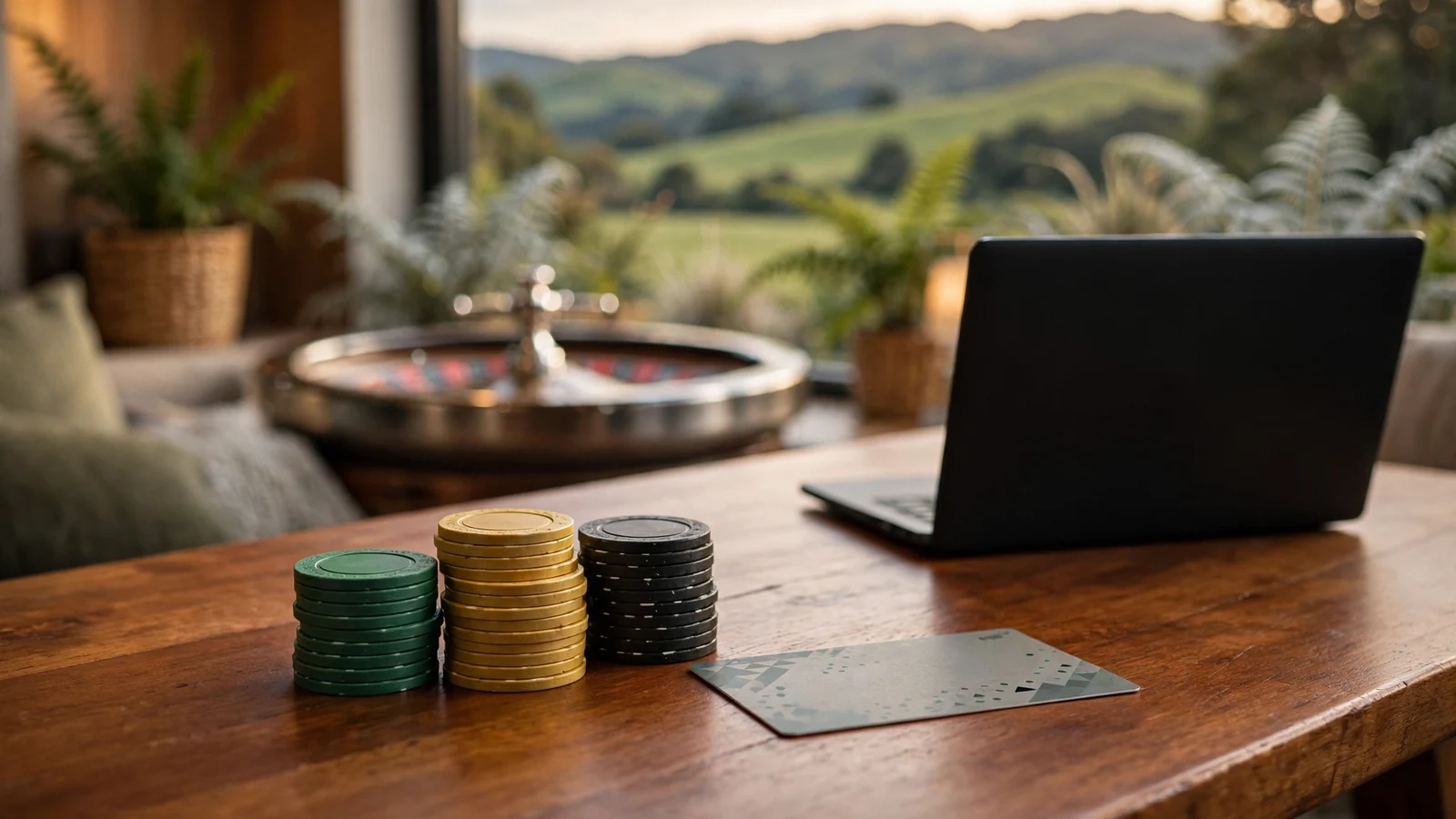Casino chips and roulette wheel on a wooden table with a prepaid voucher, New Zealand-inspired lounge setting