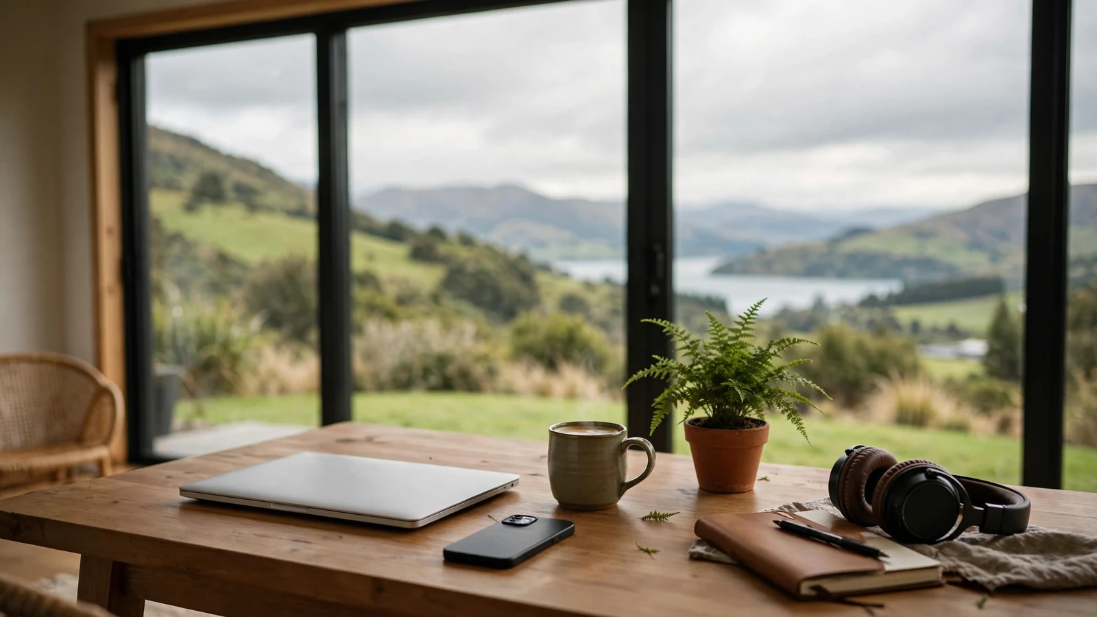 New Zealand home office desk with closed laptop and scenic landscape view