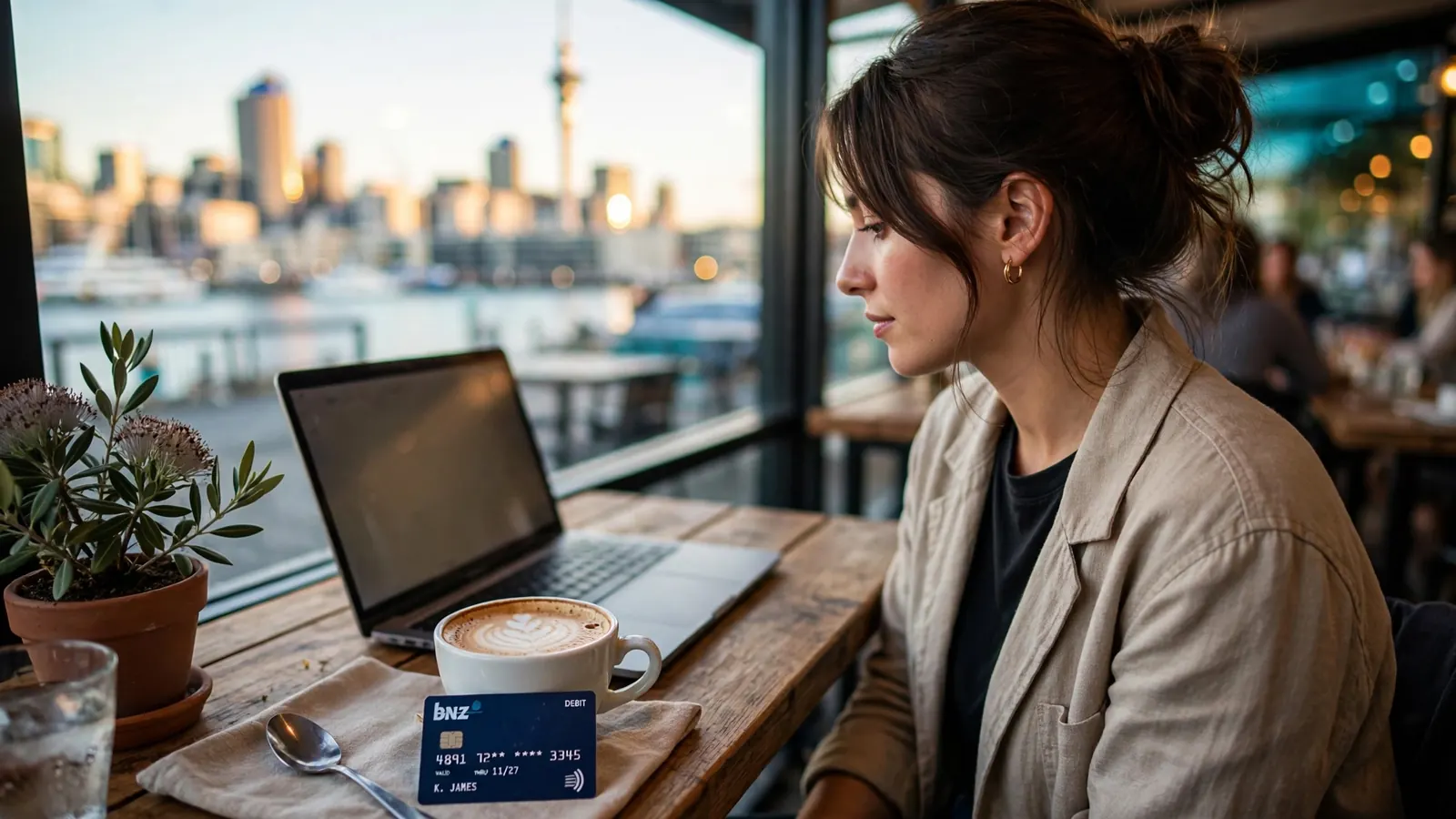 Person at an Auckland café using a laptop for an online banking payment with a debit card on the table.