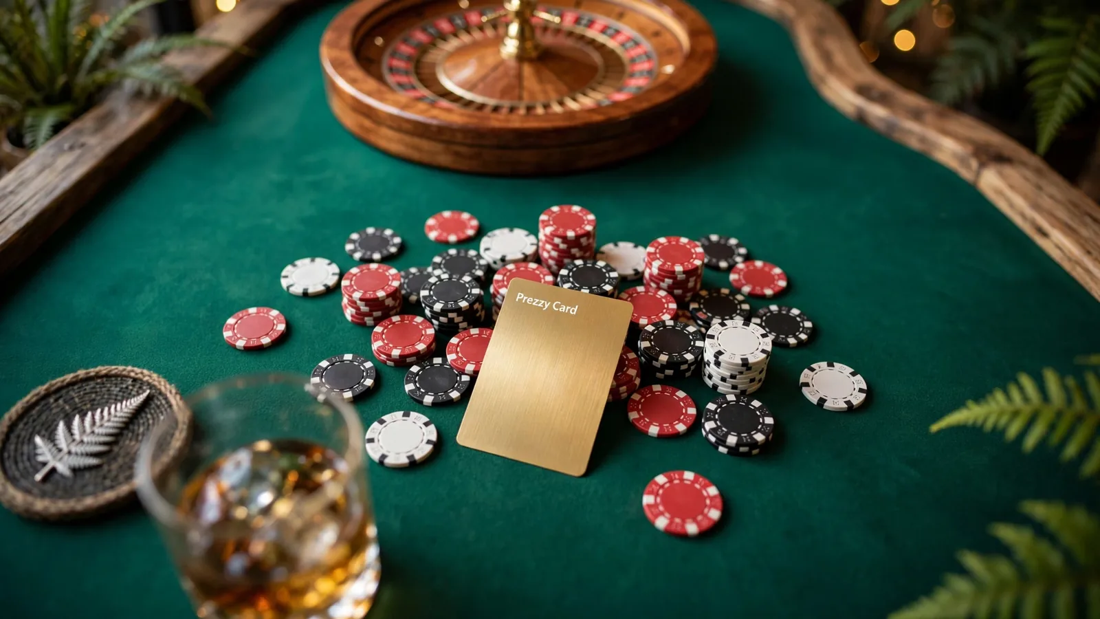 Casino table with roulette wheel, chips, and a Prezzy card