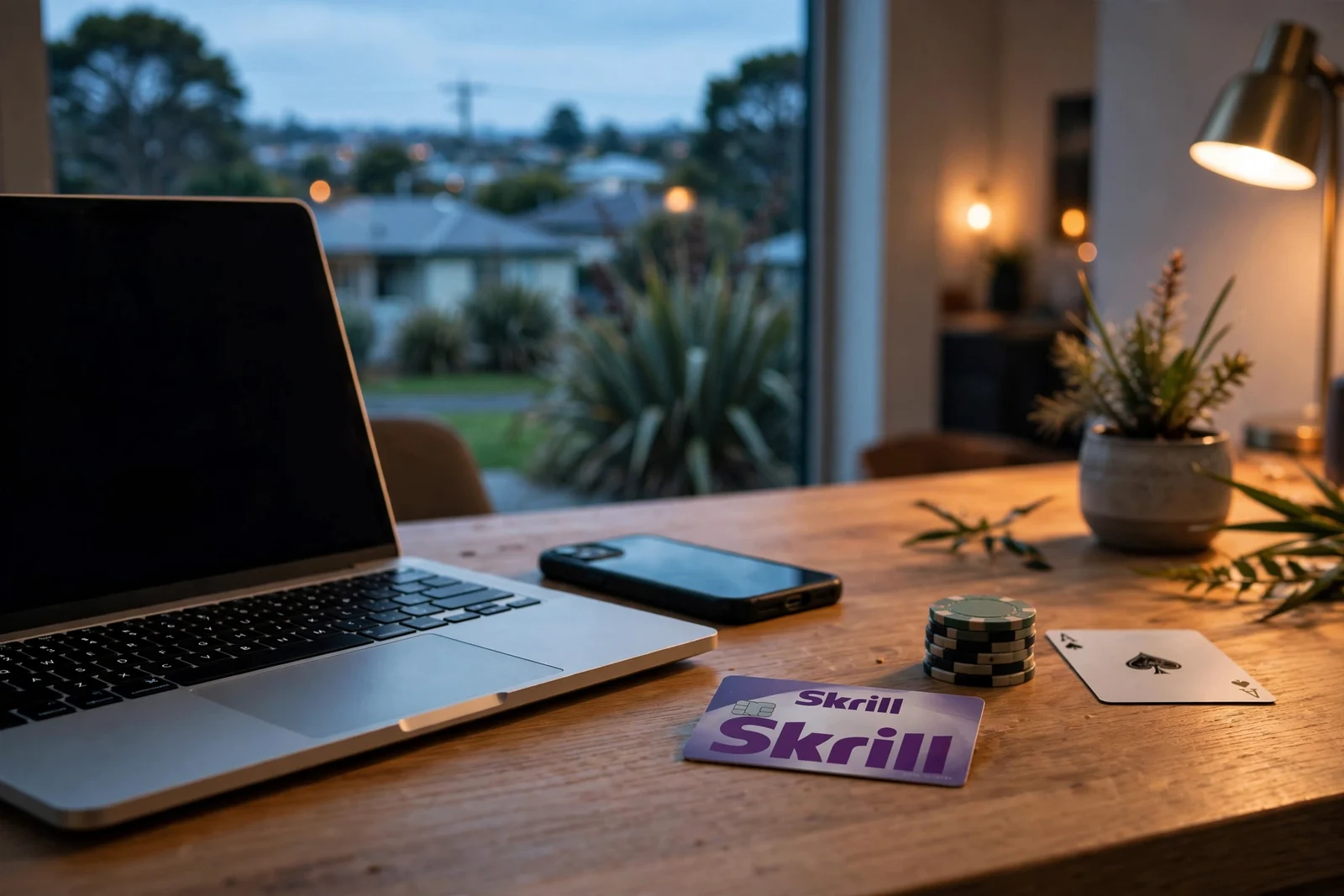 Skrill wallet card with casino chips on a New Zealand home desk at dusk