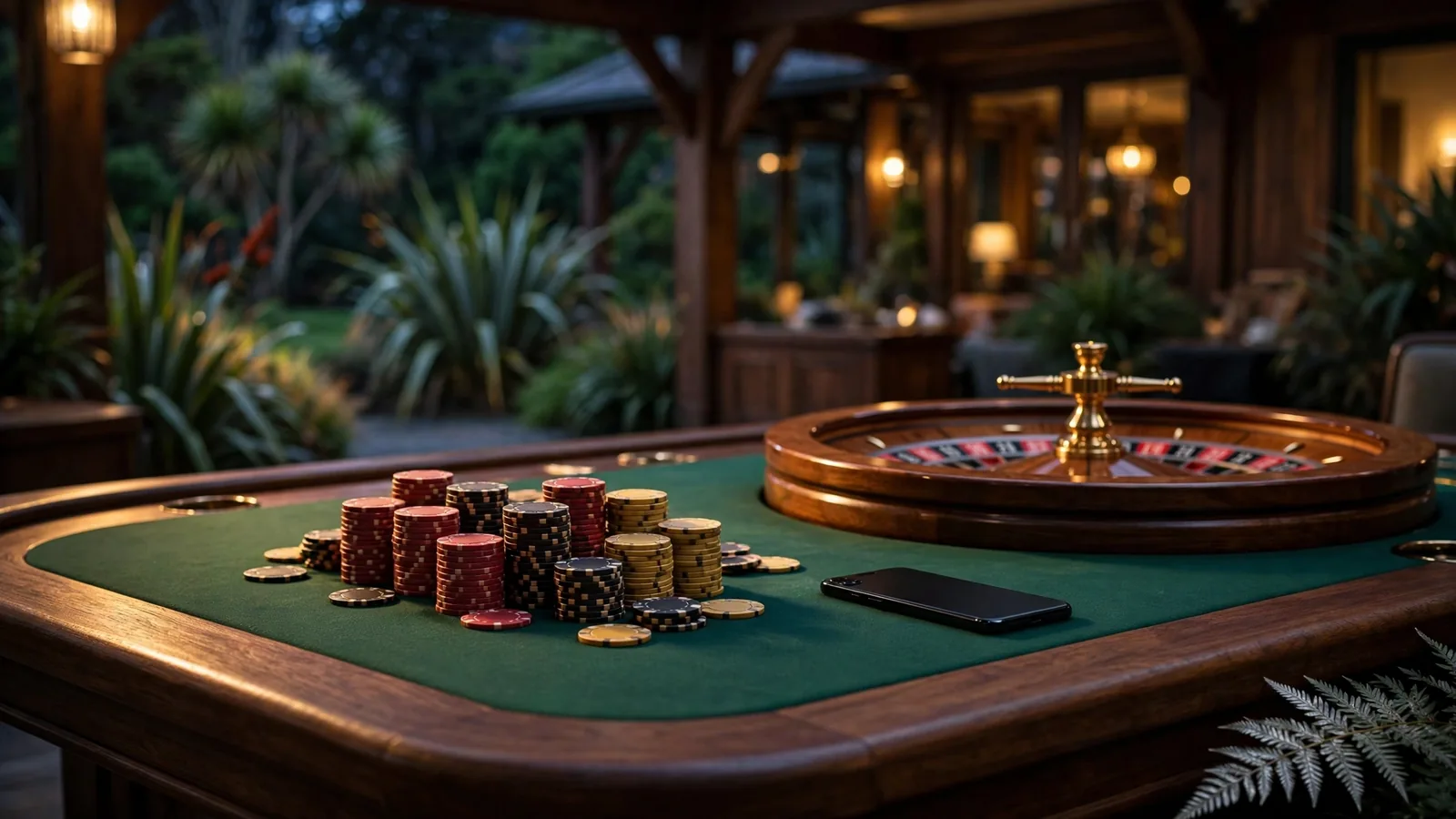 Casino table with chips, roulette wheel and a smartphone in warm New Zealand-toned lighting