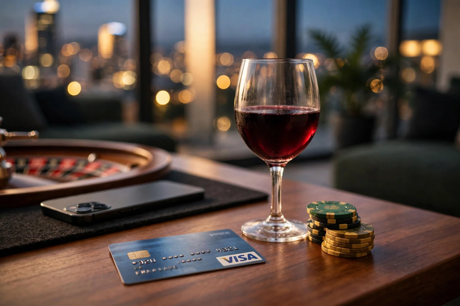 Visa credit card beside casino chips and wine glass in a modern Auckland apartment at dusk