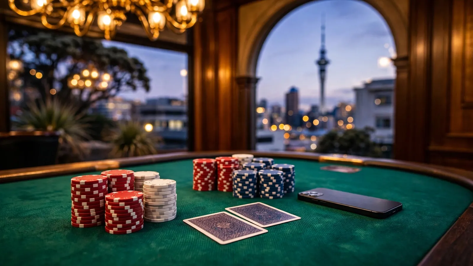 Casino chips and cards on green felt with a smartphone, Auckland skyline at dusk