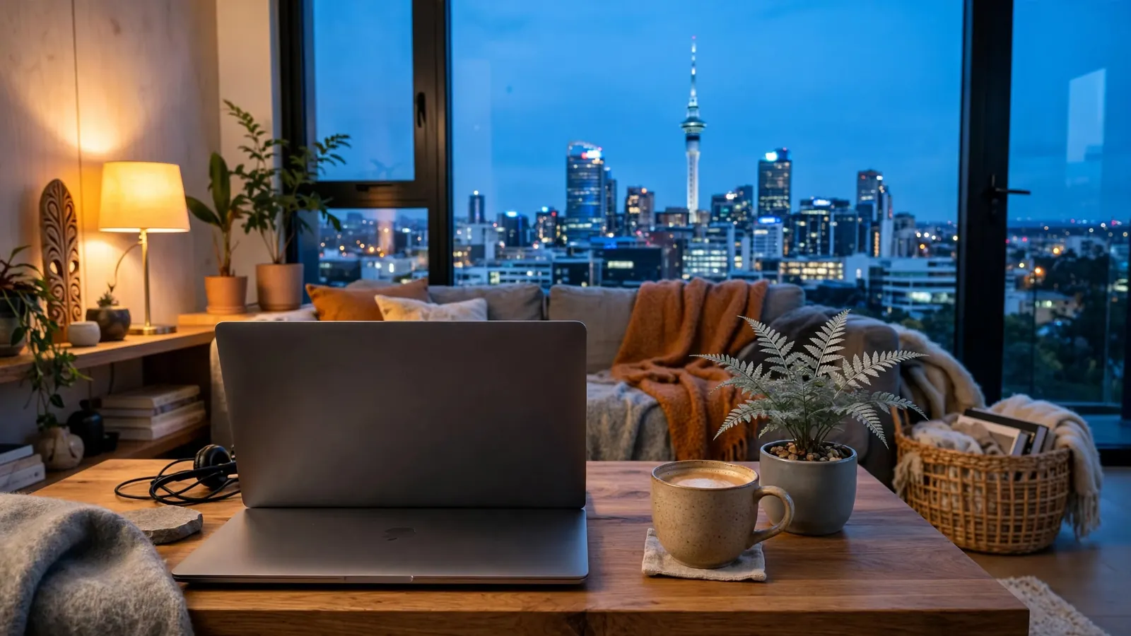 Laptop on coffee table in New Zealand home with Auckland skyline at dusk
