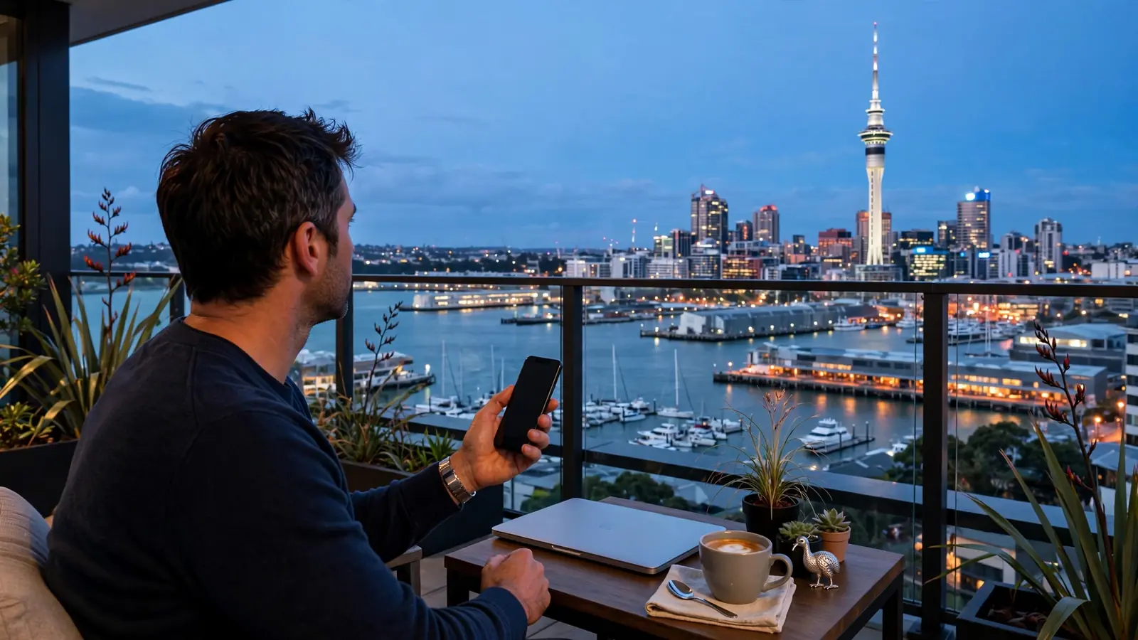 Person relaxing on Auckland balcony at twilight with closed laptop and city skyline view