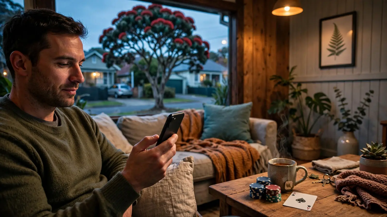 Person in a New Zealand home with a smartphone, casino chips and a card on the table