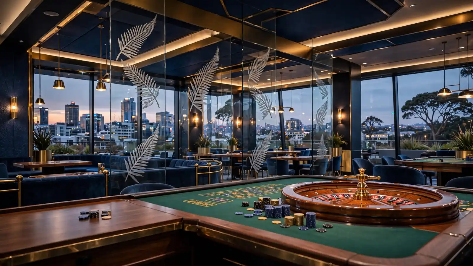 Modern Auckland casino lounge with roulette table and skyline view