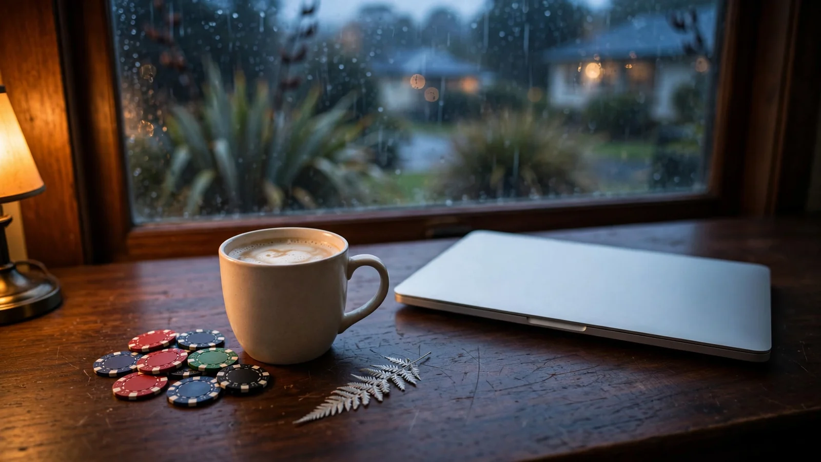 Closed laptop, flat white, silver fern, and casino chips on a desk in a New Zealand home