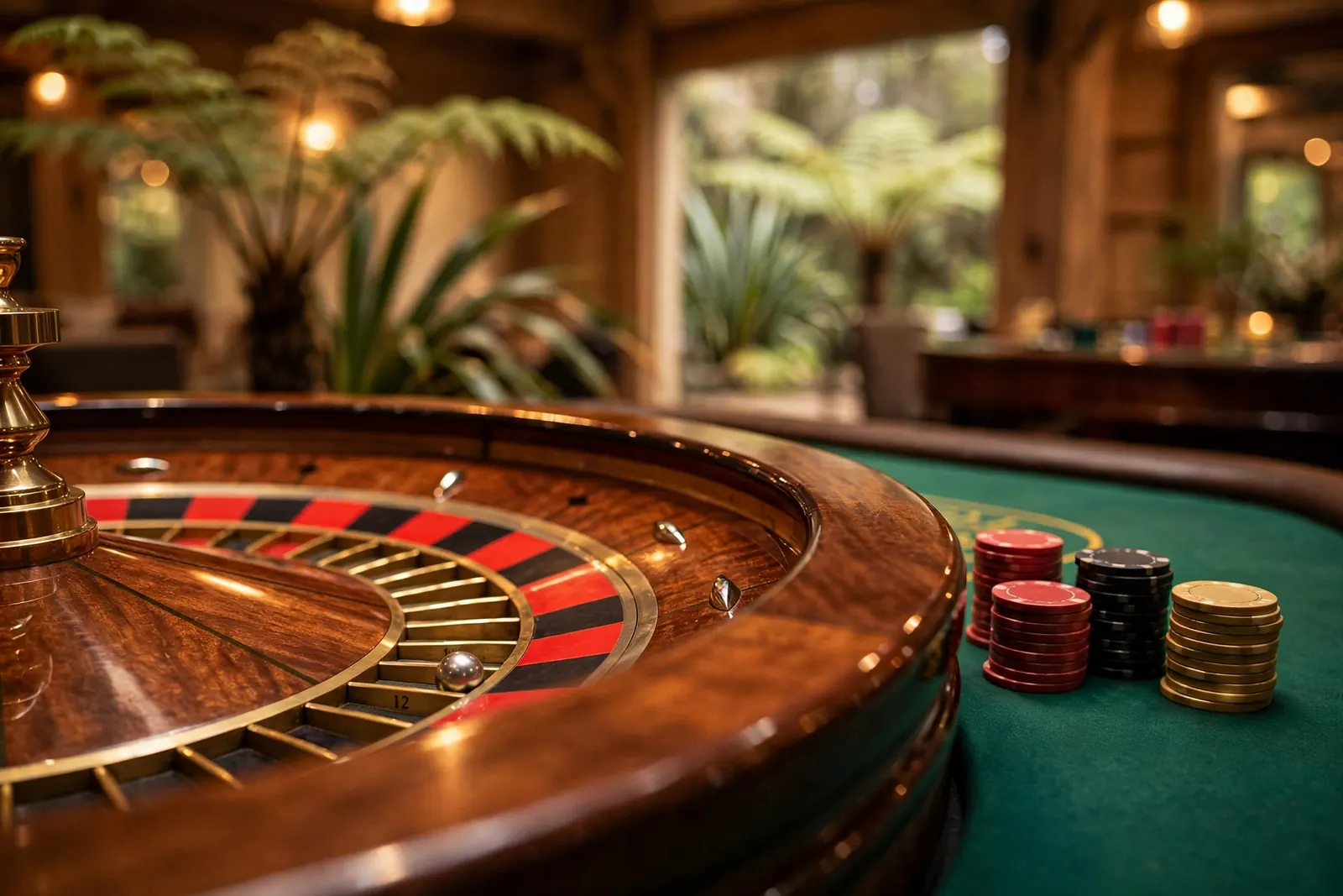 Roulette wheel and stacked chips on a casino table