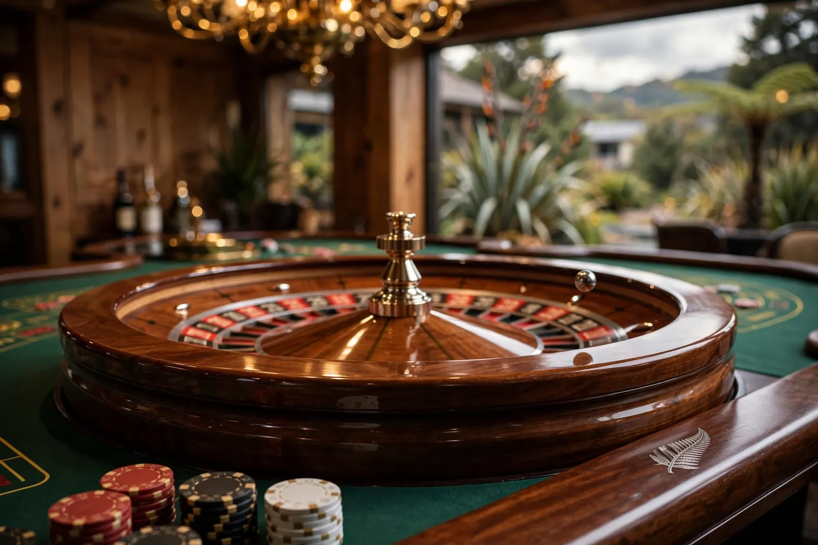 Roulette wheel with chips on a casino table, New Zealand fern detail