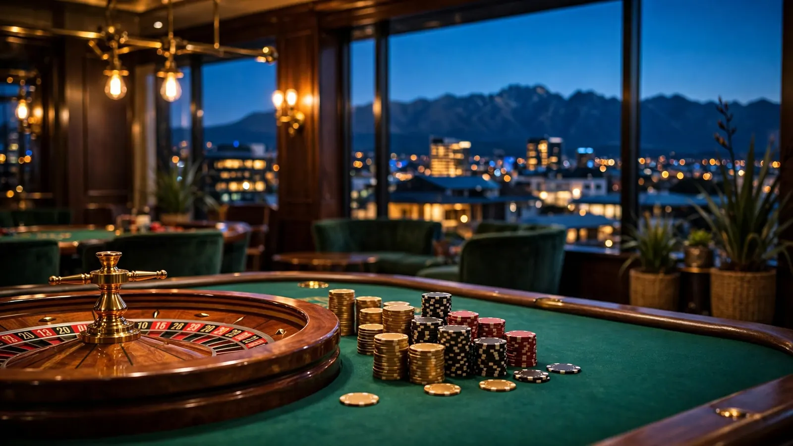 Elegant casino table with roulette wheel overlooking New Zealand city skyline at twilight