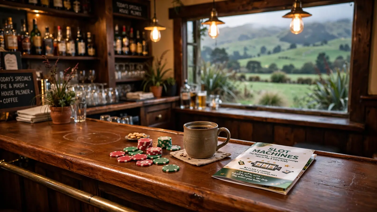Cozy New Zealand pub bar counter with casino chips and warm lighting