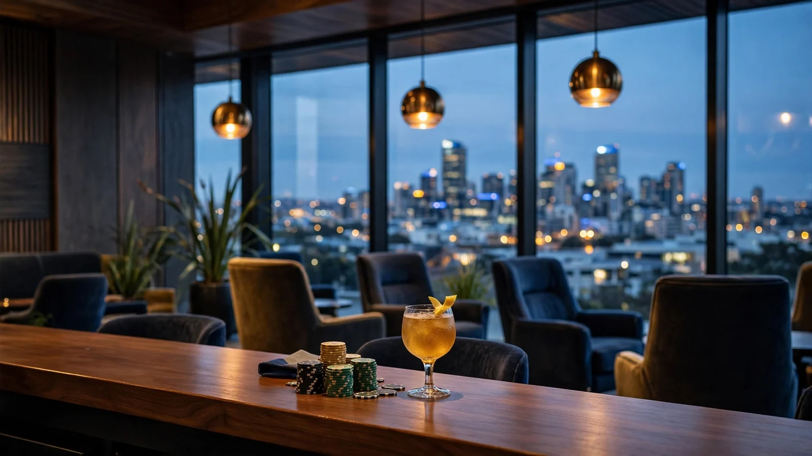 Atmospheric New Zealand casino lounge with city skyline view at dusk