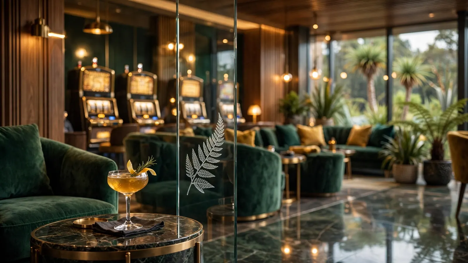 Stylish casino lounge with slot machine silhouettes and New Zealand fern accent.