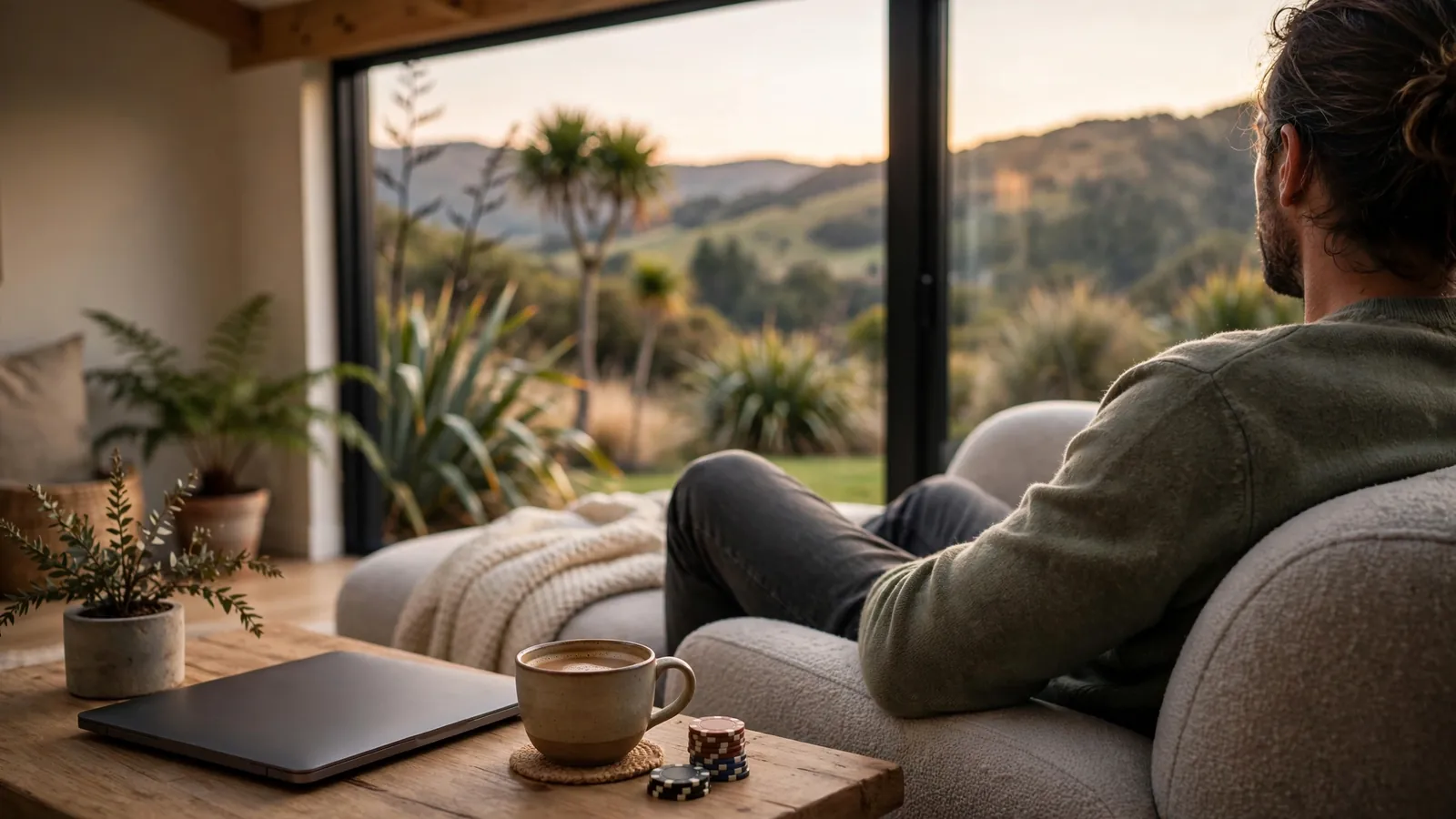 Person relaxing at home in New Zealand with a laptop and poker chips on the table