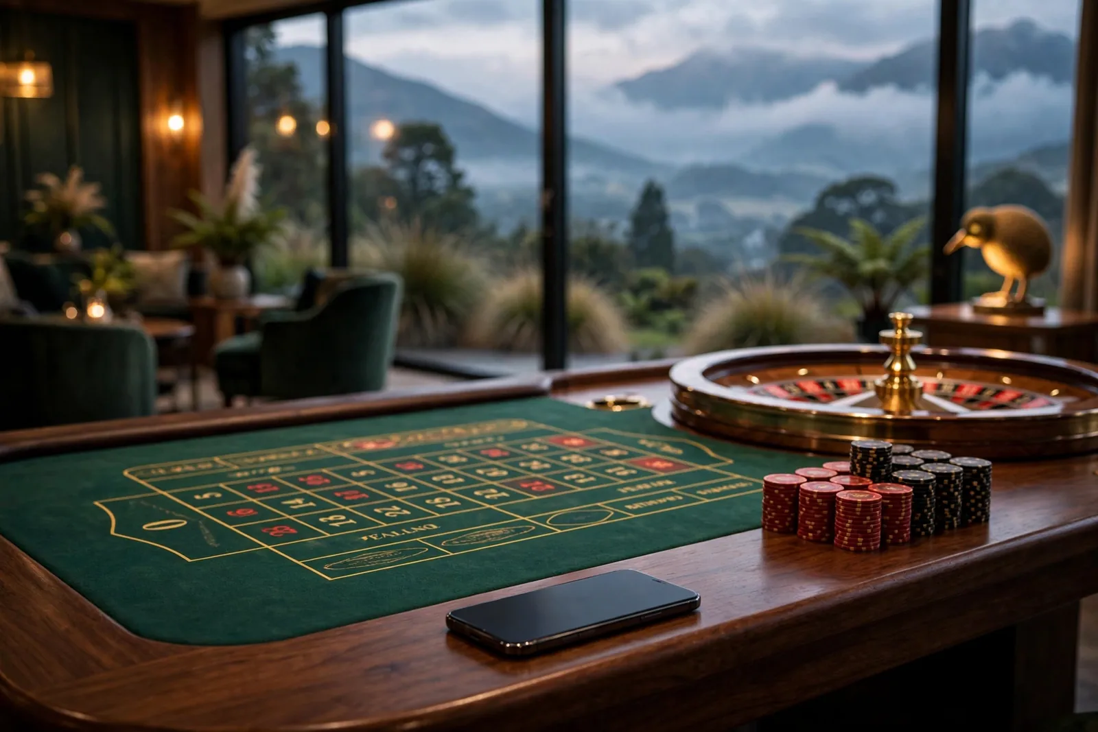 Roulette table with chips beside a smartphone, New Zealand mountains visible through the window.