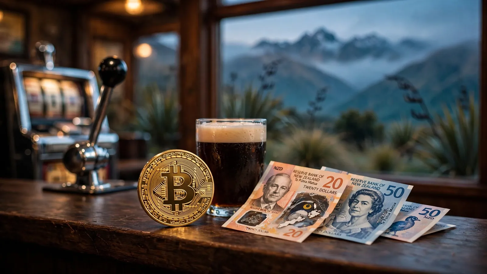 Golden Bitcoin coin on a New Zealand bar counter with a slot machine lever in the background