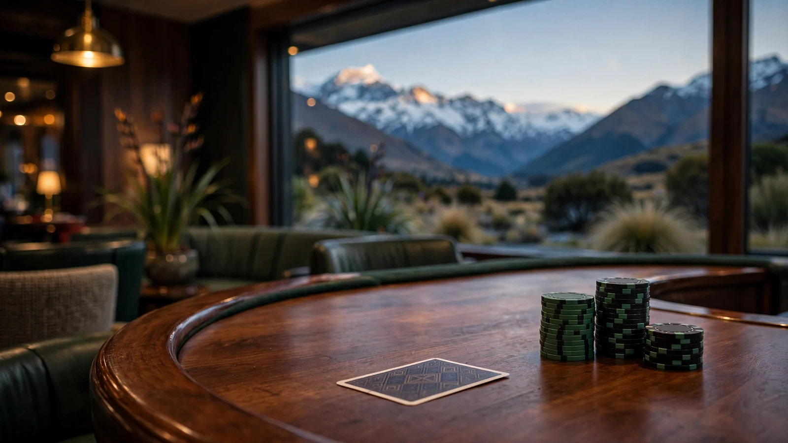 Blackjack table with chips and a card, Southern Alps view, New Zealand casino atmosphere.