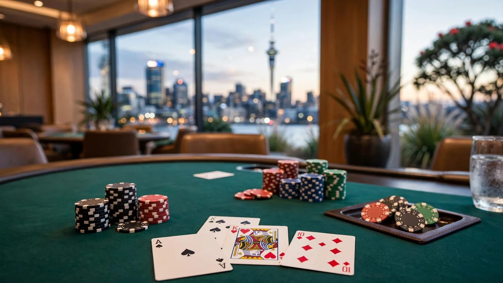 Blackjack cards and chips on a casino table with Auckland skyline in background