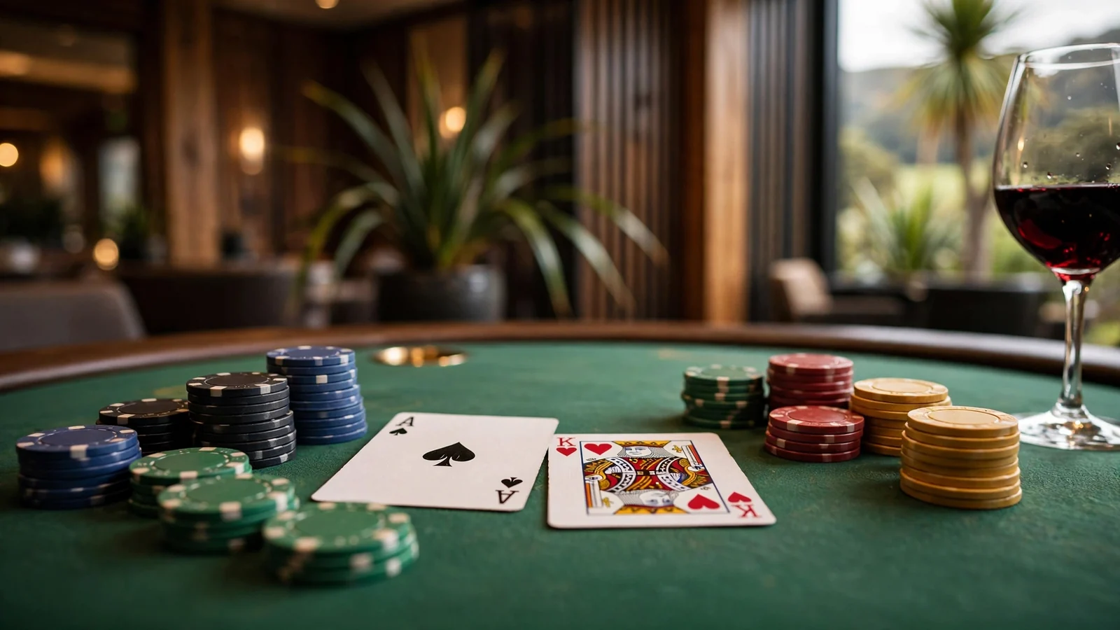 Casino blackjack table with cards and chips in elegant low lighting