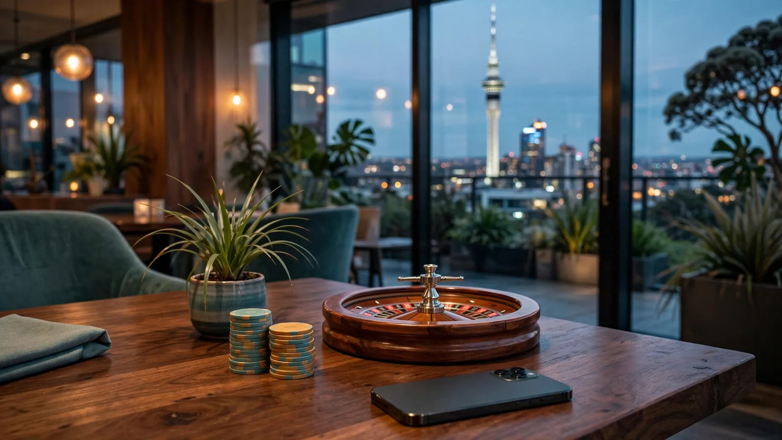 Auckland skyline lounge with roulette wheel and casino chips at dusk