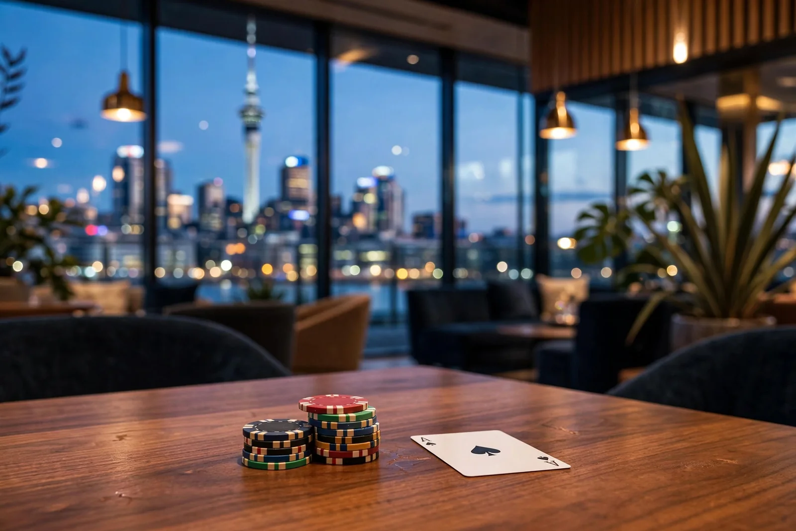 Casino chips and playing card on a lounge table with Auckland skyline at dusk.
