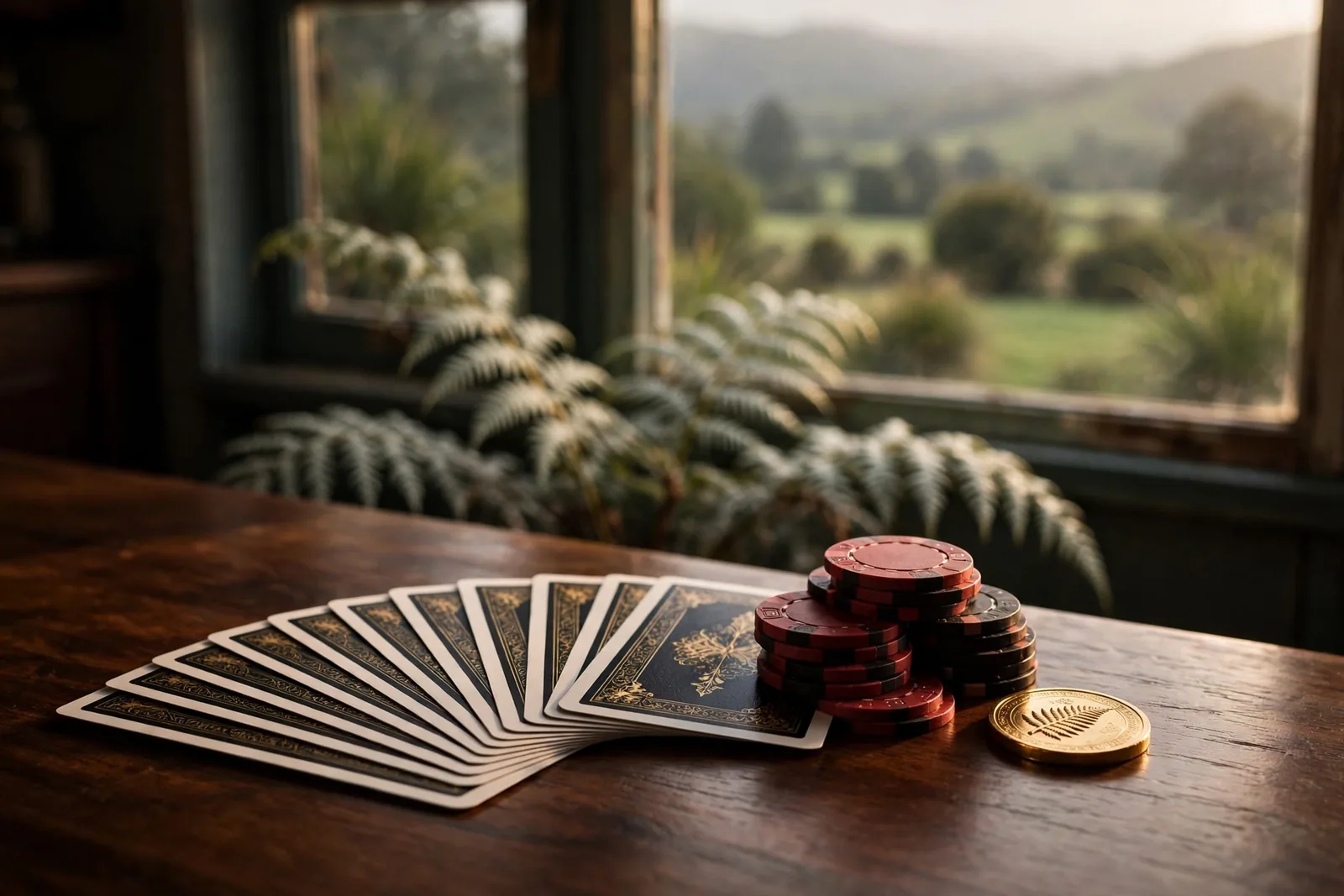 Casino chips and cards on a wooden table with New Zealand ferns in the background