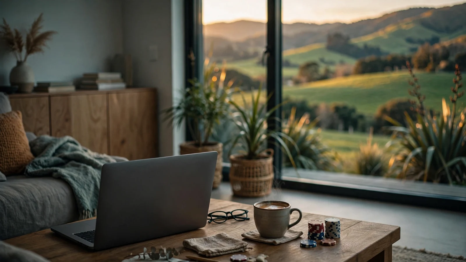 New Zealand home with laptop, poker chips and countryside view at sunset