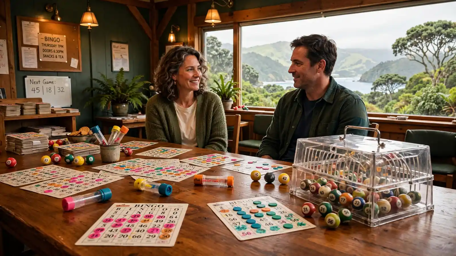 Bingo cards and daubers on a wooden table in a New Zealand bingo hall