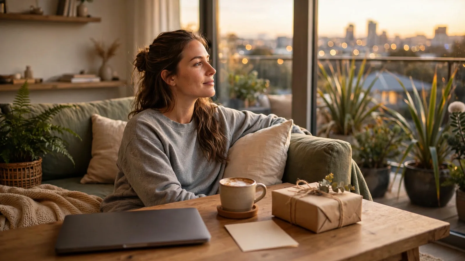 Cozy birthday scene with a small gift and closed laptop in a New Zealand apartment