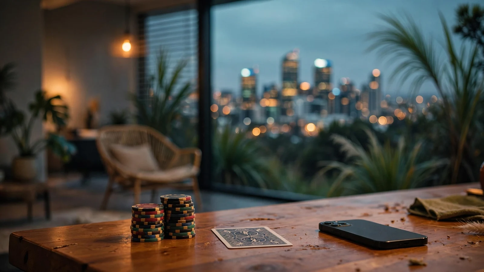 Casino chips and a card on a table with Auckland skyline at dusk