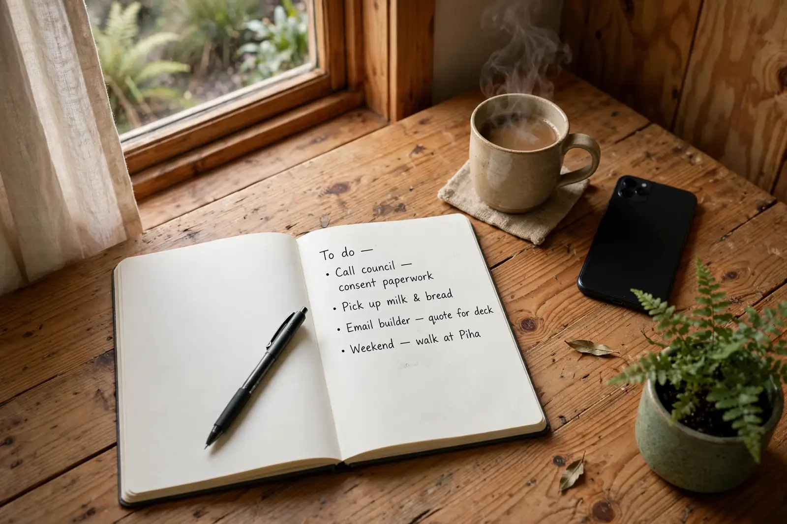 Open notebook, pen, coffee cup, and a phone placed face-down on a wooden desk.
