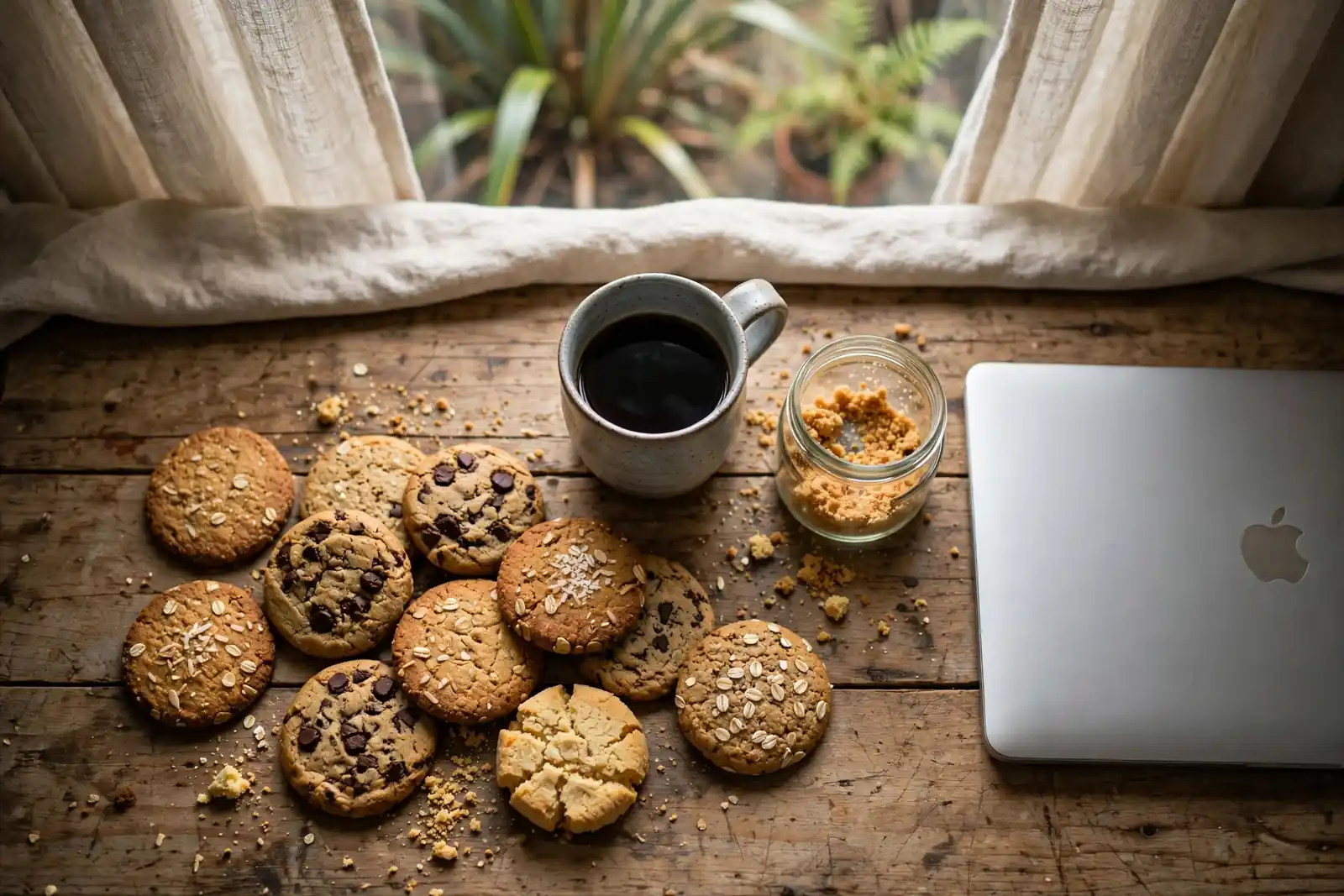 Assorted homemade cookies on a wooden table with a closed laptop and coffee mug