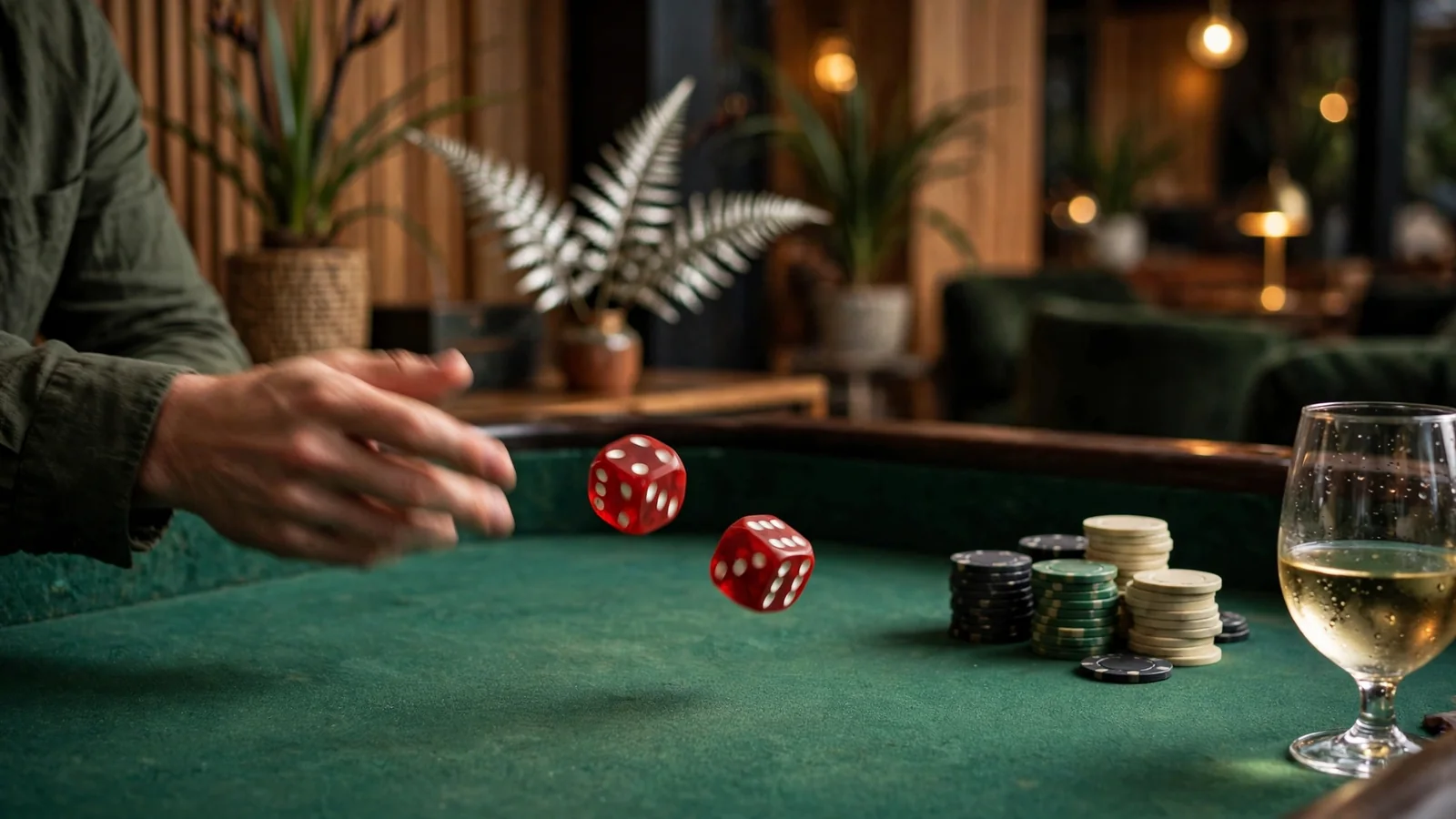 Red dice rolling on a craps table with chips, New Zealand setting.