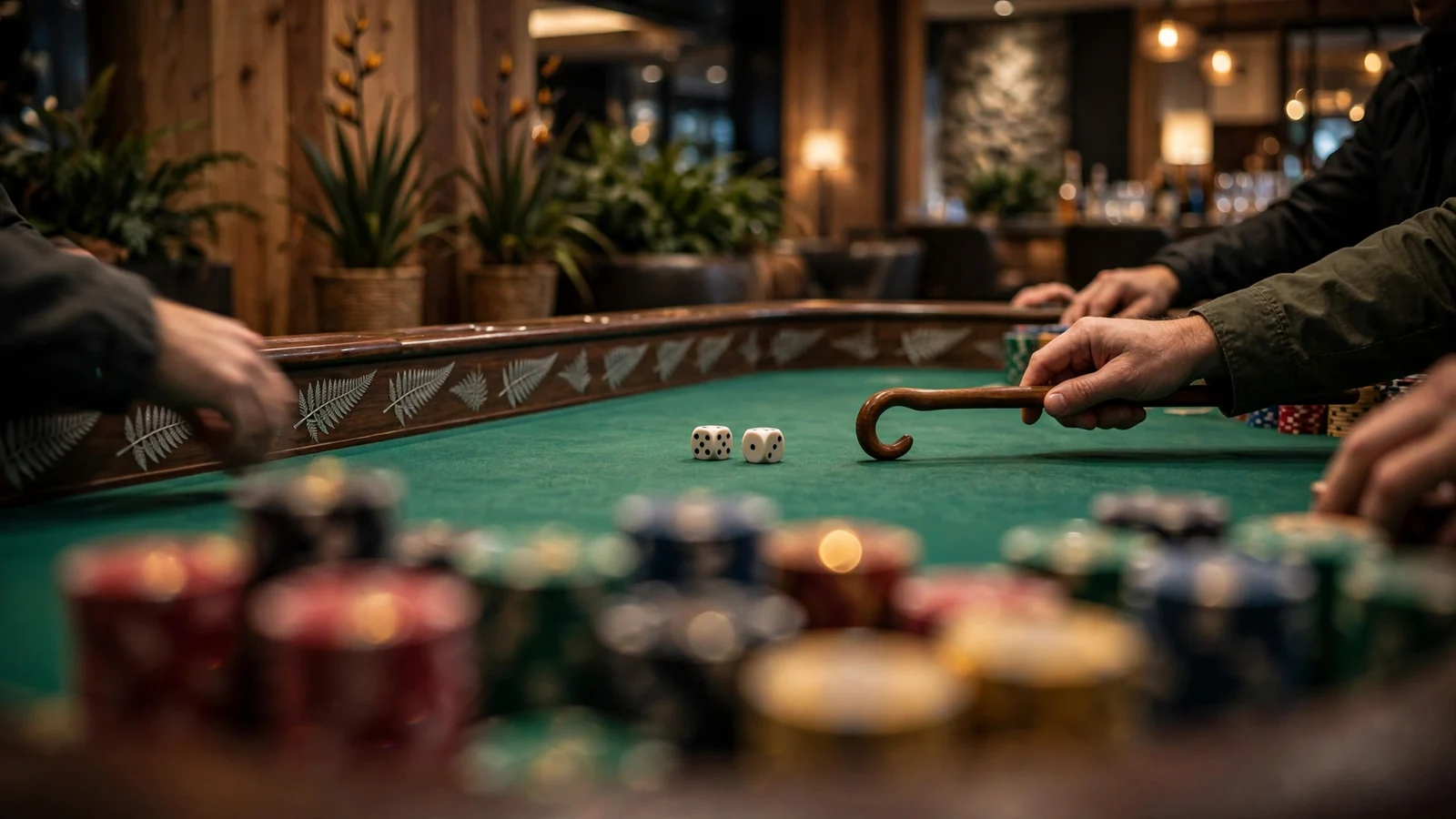 Craps table with dice and chips in a New Zealand casino