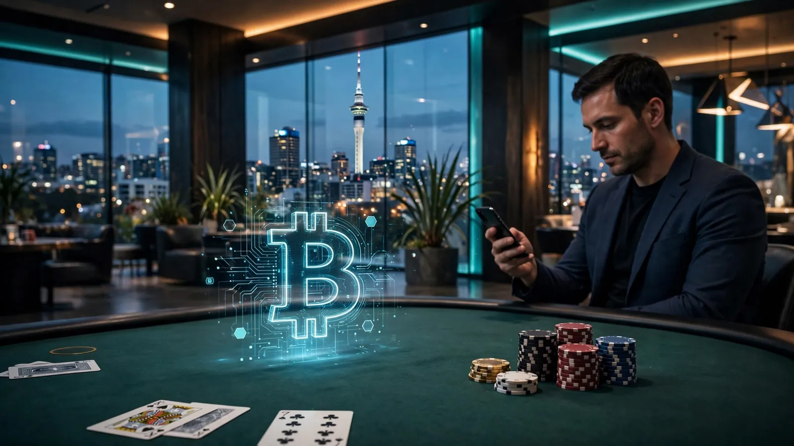 Modern New Zealand casino interior with Bitcoin symbolism and Auckland skyline at night