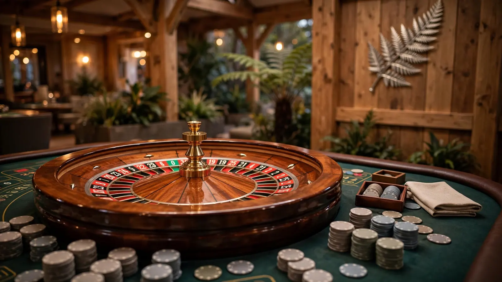 European roulette wheel with single zero and stacked chips on a casino table.