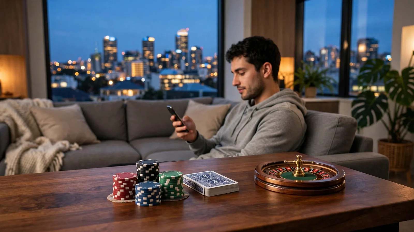 Casino chips and cards on a table in a New Zealand apartment