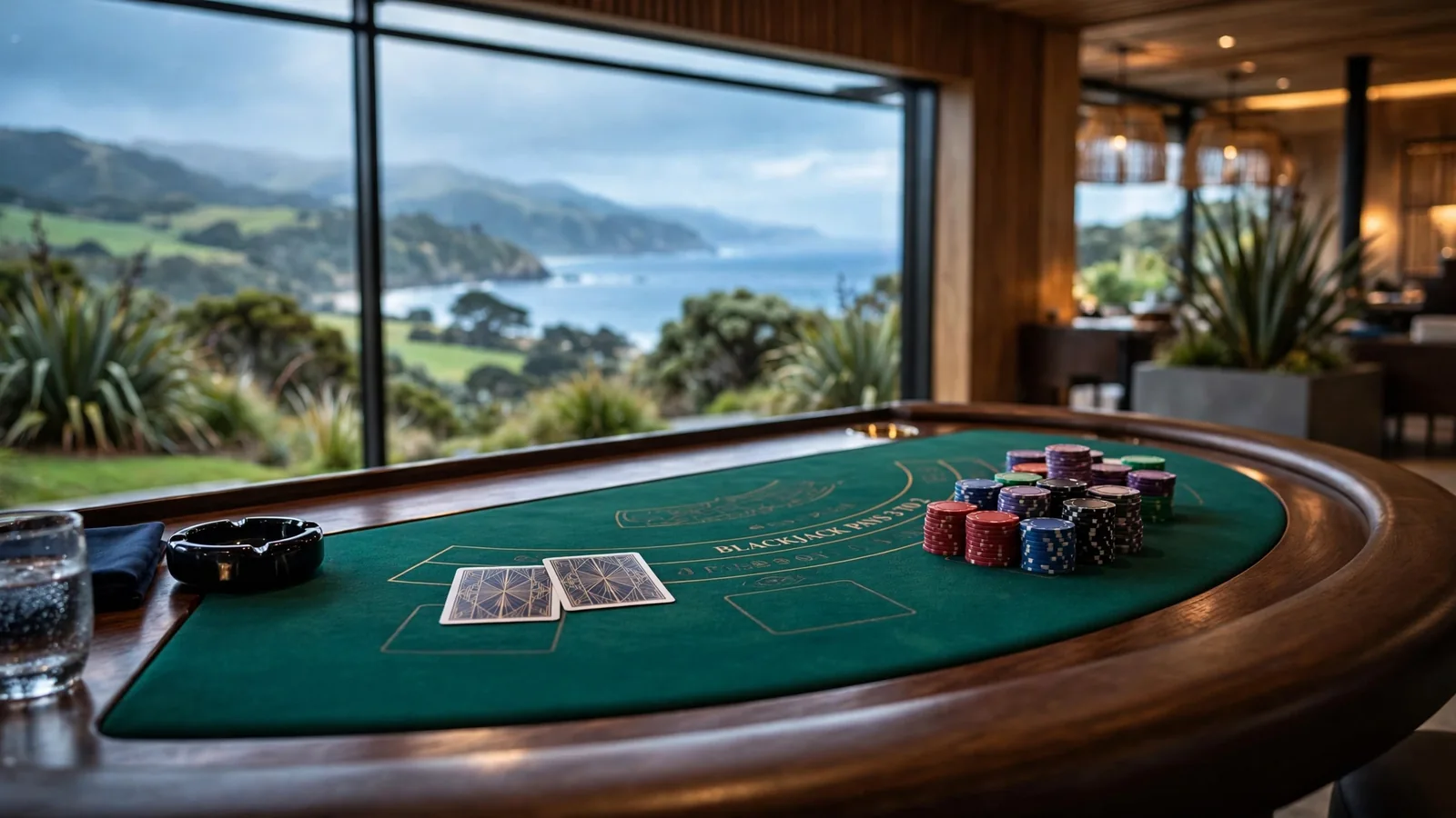 Casino blackjack table with chips and cards overlooking New Zealand coast
