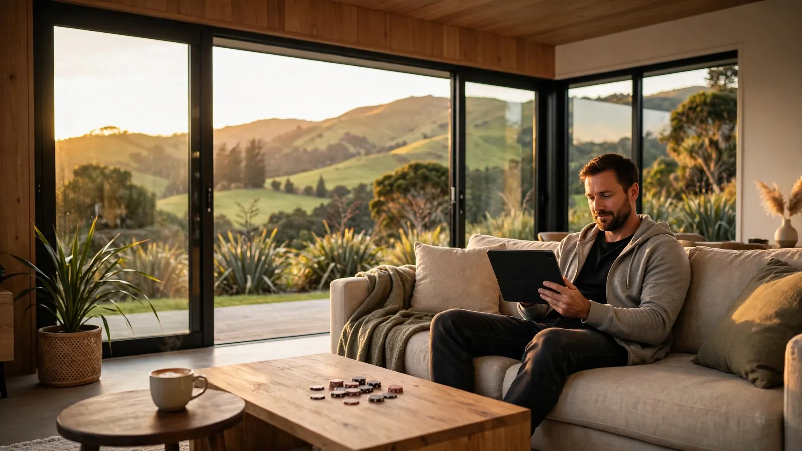 Relaxed man in a New Zealand home holding a tablet with chips nearby