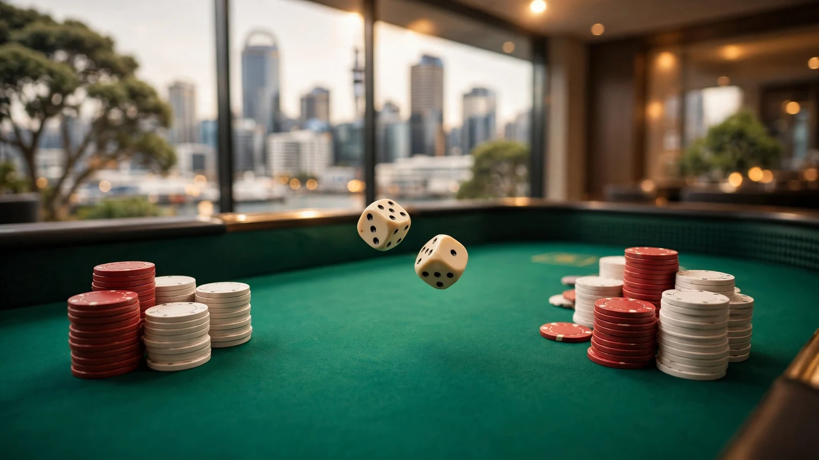 Overhead view of a craps table with chips and rolling dice in Auckland casino