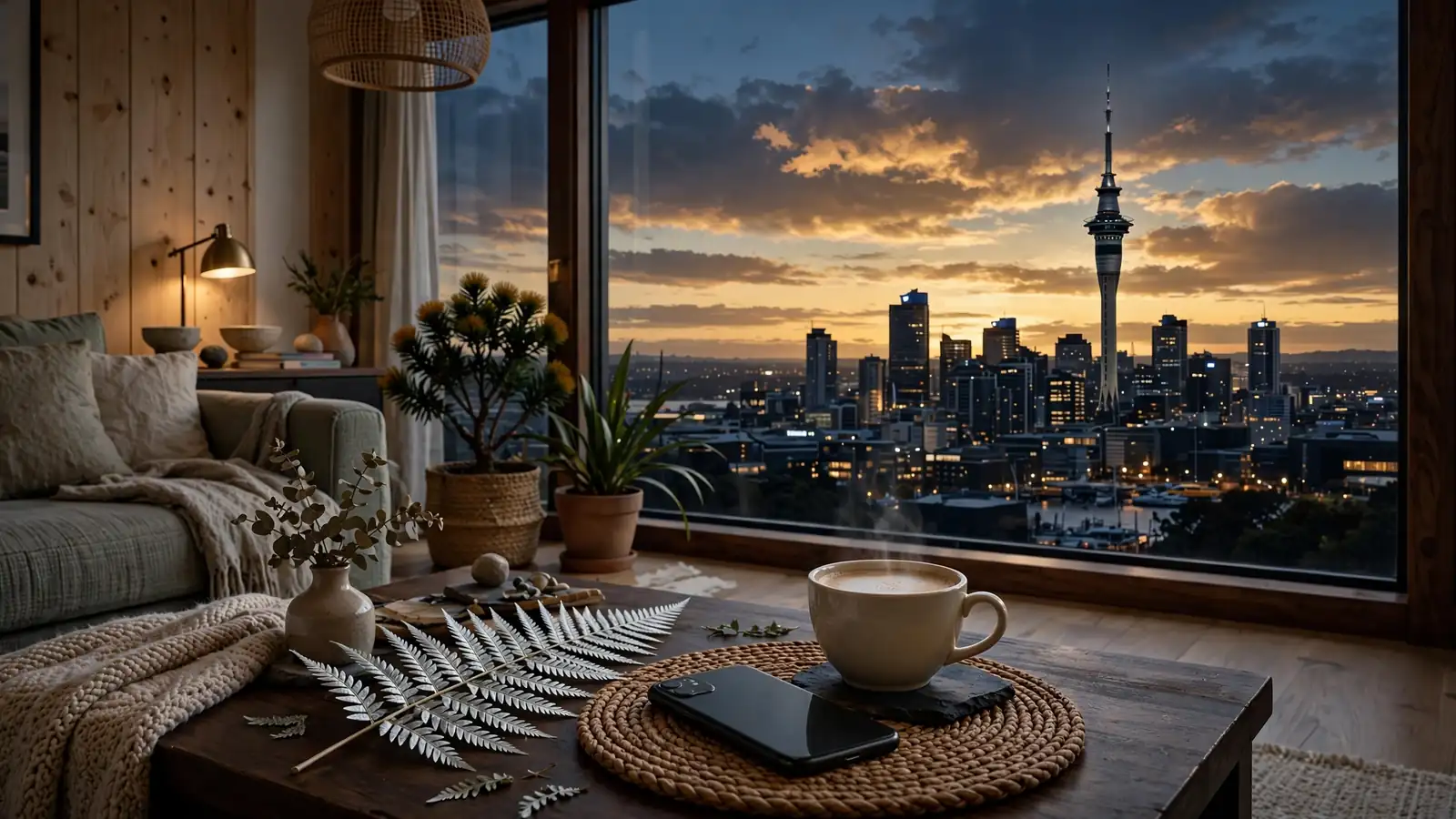 Smartphone face-down on a coffee table in a New Zealand living room with Auckland skyline at dusk