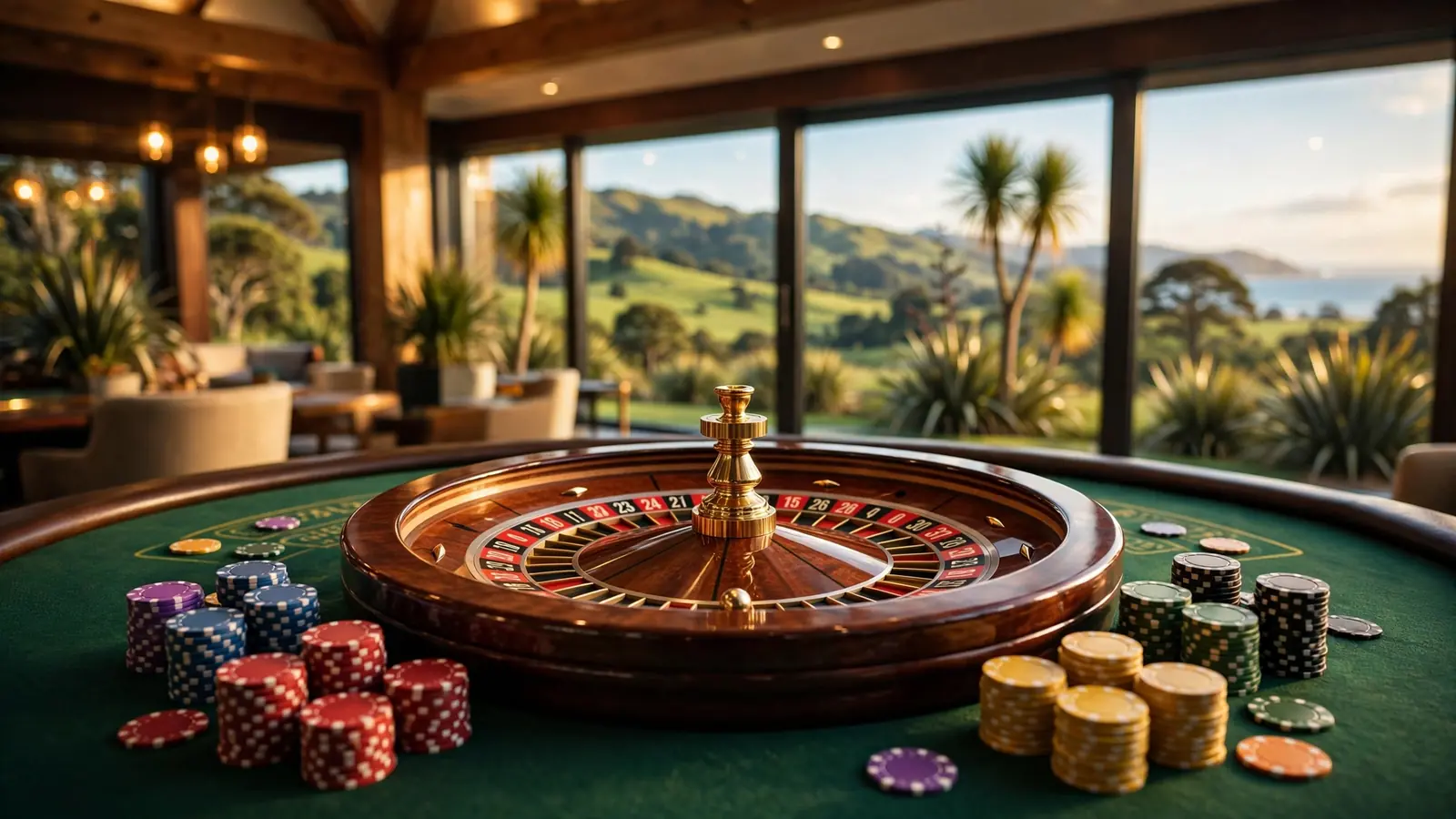 Roulette wheel with casino chips on a green table, New Zealand landscape in background