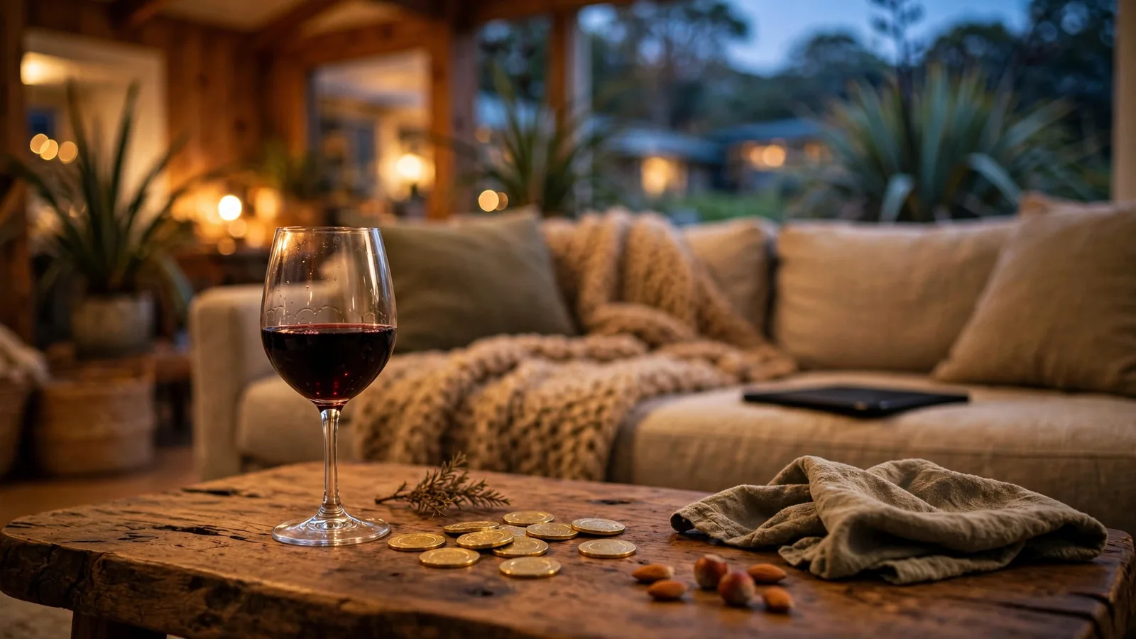 Casino chips and a glass of wine on a table in a New Zealand home