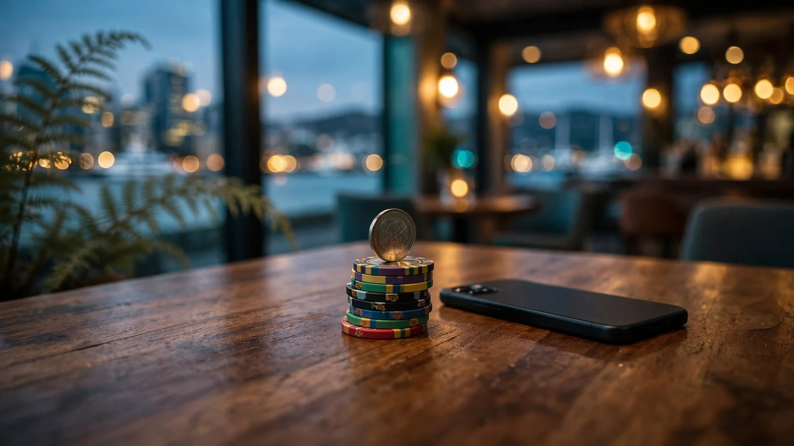 Casino chips and a face-down phone on a wooden table in a New Zealand lounge.