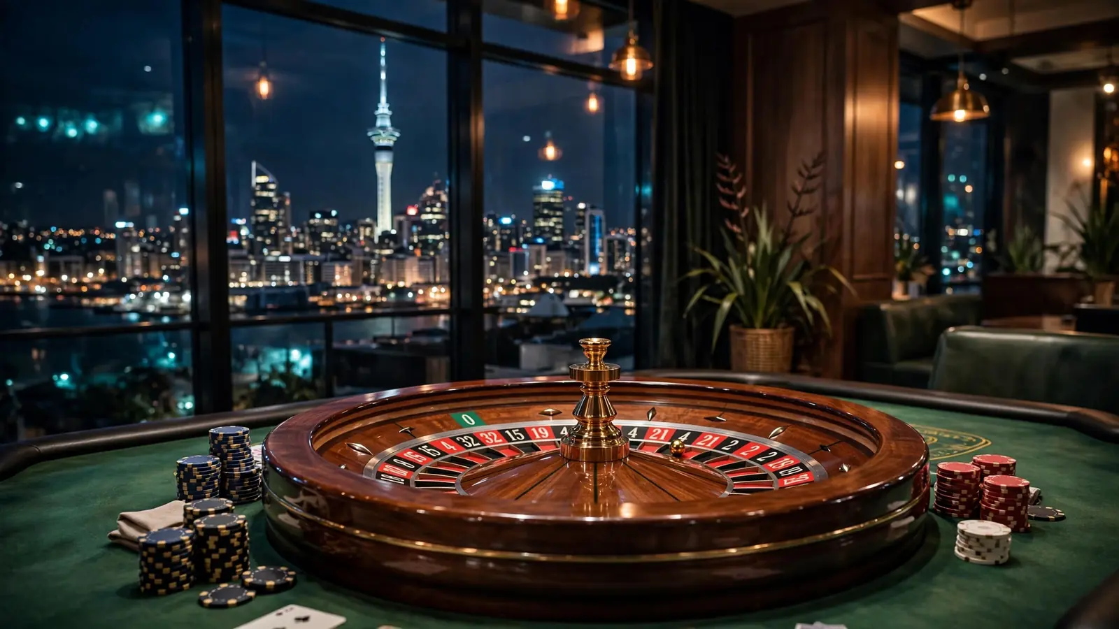 French roulette wheel on a green felt casino table with Auckland skyline in the background
