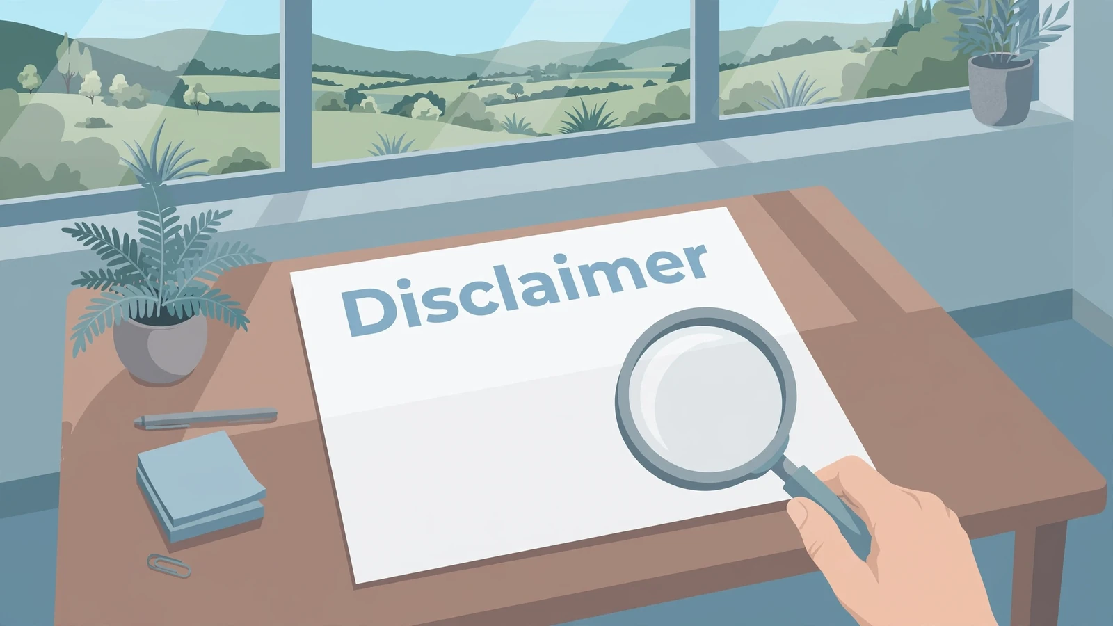 Illustration of a disclaimer document examined with a magnifying glass on a New Zealand office desk