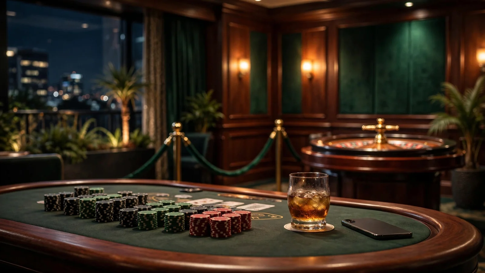 Elegant New Zealand high-limit casino room with chips and roulette wheel at night