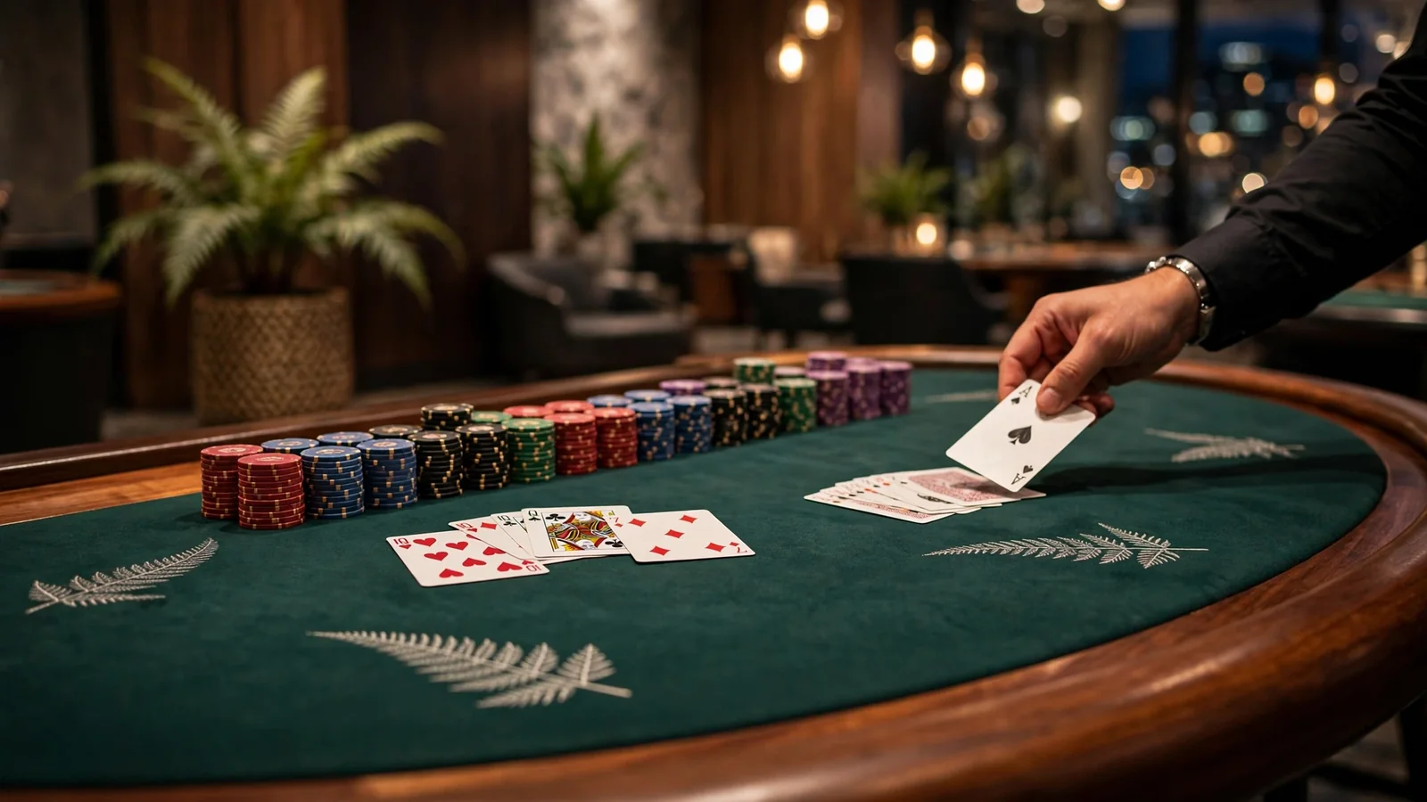 Blackjack table with chips and cards in a New Zealand casino